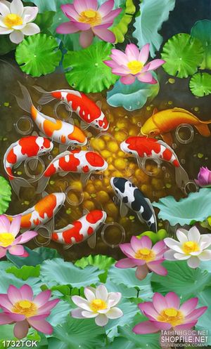 Tranh đá cuội vàng dưới hồ sen và cá chép sơn dầu in 3d