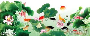 Tranh sơn dầu cá chép vàng trong hồ sen in treo tường
