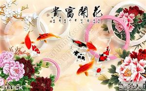 Tranh hoa sen, cá chép thư pháp đẹp