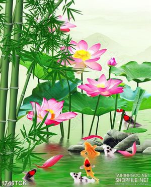 Tranh trang trí rừng trúc xanh bên hồ cá chép sơn dầu