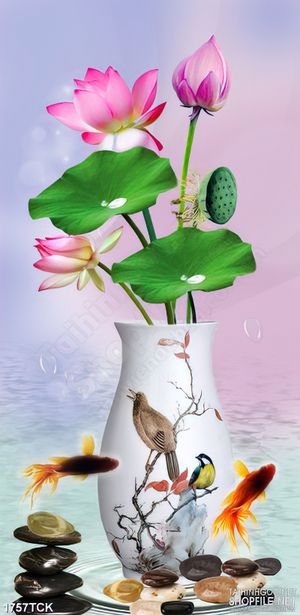 Tranh sơn dầu nhhững bông hoa sen hồng trong bình sứ