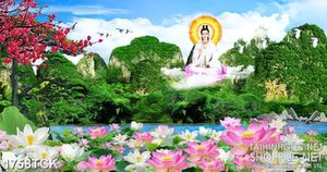 Tranh Phật Quan Âm trên hồ sen đầy hoa in canvas