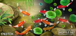Tranh decor sơn dầu cá koi dưới những chiếc lá sen
