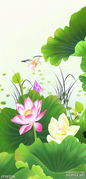 Tranh in treo tường chú chim nhỏ bay trên mặt hồ sen