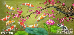 Tranh decor cánh đào rơi trên mặt hồ cá koi sơn dầu