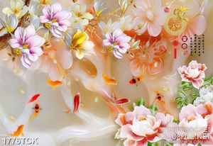 Tranh hoa mẫu đơn bên hồ cá chép vàng sơn dầu in 3d