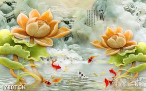 Tranh in uv hoa sen sơn dầu bên đàn cá chép vàng