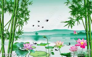 Tranh trang trí đàn chim én bay lượn trên hồ sen sơn dầu