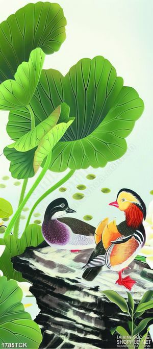 Tranh in canvas đôi vịt trời bên những chiếc lá sen sơn dầu