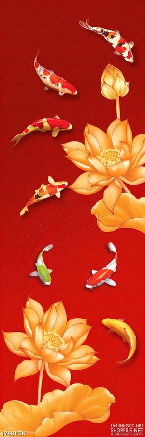 Tranh sơn dầu cá koi bên bông sen dáp vàng in dán tường