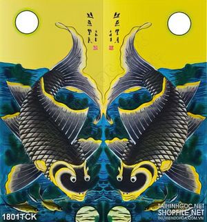 Tranh sơn dầu cá chép đen dưới ánh trăng in uv treo tường
