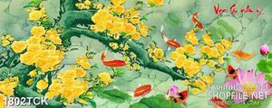 Tranh nghệ thuật cây mai vàng bên đàn cá chép vàng