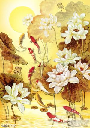 Tranh sơn dầu cá chép trong hồ sen đầy hoa in canvas