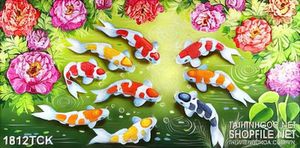 Tranh in canvas hoa mẫu đơn trên hồ cá chép sơn dầu