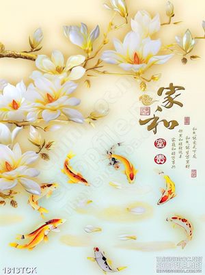 Tranh đàn cá chép vàng dưới cành hoa giả ngọc in 3d