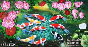 Tranh psd hoa mẫu đơn nở rộ trên hồ cá chép sơn dầu