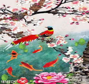 Tranh chú chim ri trên hồ cá chép vàng in dán tường