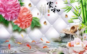 Tranh trang trí hồ cá chép vàng bên đóa hoa mẫu đơn