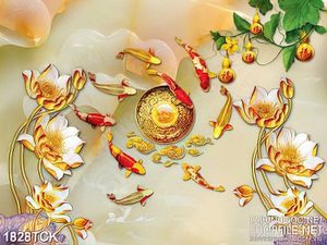 Tranh in uv bông sen vàng bên đàn cá chép sơn dầu