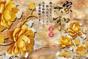 Tranh sơn dầu cá koi những đóa hoa mẫu đơn dáp vàng