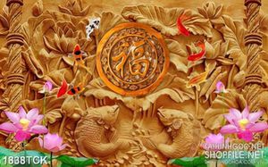 Tranh in canvas đôi cá chép trong hồ sen khắc gỗ