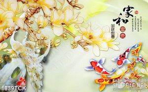 Tranh đôi chim công giả ngọc bên đàn cá koi in 3d