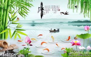 Tranh trang trí người lái đò trên hồ cá chép vàng sơn dầu