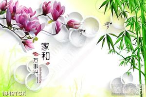 Tranh sơn dầu cành hoa đào bên đôi chim én treo tường