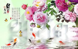 Tranh những đóa mẫu đơn bên hồ cá chép in dán tường