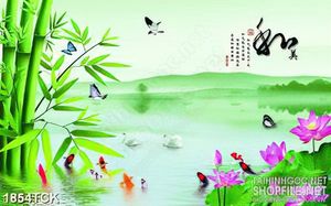 Tranh sơn dầu cá chép bên đôi thiên nga trắng in canvas