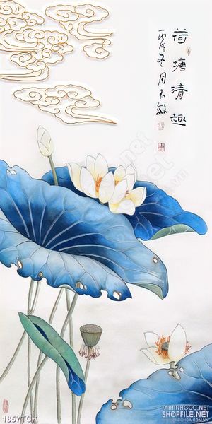 Tranh sơn dầu hoa sen trắng nở rộ trong đầm in treo tường