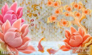 Tranh sơn dầu những bông sen giả ngọc và hồ cá chép