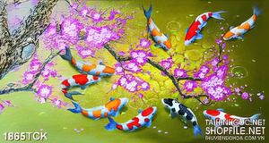 Tranh in treo tường những cánh đào rơi trên mặt hồ