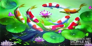Tranh decor sơn dầu cá koi trong đầm hoa sen hồng
