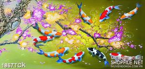 Tranh trang trí những cánh đào rơi trên hồ cá koi sơn dầu