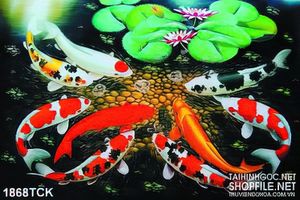 Tranh sơn dầu cá koi trong hồ sen về đêm in dán tường