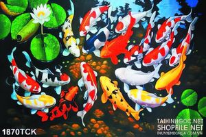 Tranh sơn dầu cá koi trong hồ hoa sen về đêm in canvas