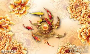Tranh decor sơn dầu cá chép dưới những đóa hoa mẫu đơn