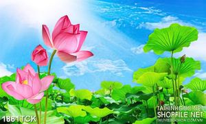 Tranh sơn dầu hoa sen hồng bên lá xanh in treo tường