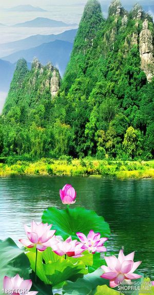 Tranh in 3d những ngọn núi bên hồ hoa sen sơn dầu