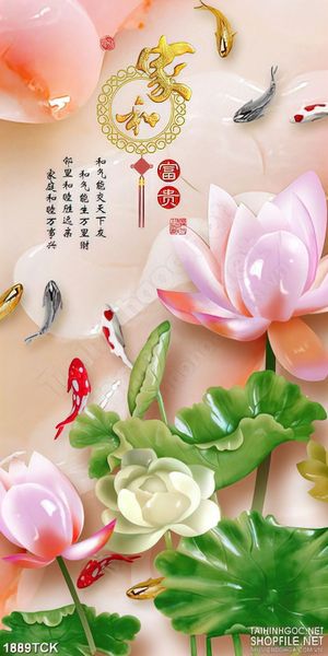 Tranh sơn dầu cá chép bên đóa sen giả ngọc in treo tường