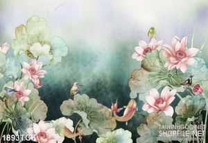 Tranh in uv đàn cá chép vàng sơn dầu bên hồ sen đầy hoa