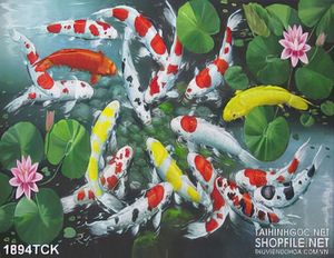 Tranh sơn dầu cá koi trong hồ sen xanh biếc lá in canvas