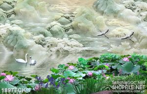 Tranh in treo tường đôi thiên nga trên mặt hồ hoa sen