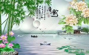 Tranh đóa mẫu đơn trên mặt hồ thiên nga in dán tường