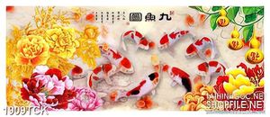 Tranh sơn dầu cá koi bên đóa mẫu đơn dáp vàng in uv