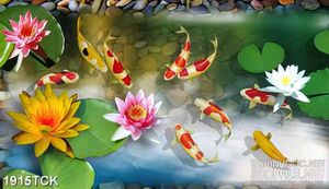 Tranh những bông hoa súng bên đàn cá koi trang trí