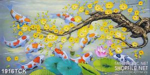 Tranh in dán tường đàn cá koi sơn dầu bên cành mai vàng