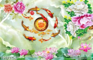 Tranh trang trí cá chép vàng trong hồ hoa sen sơn dầu