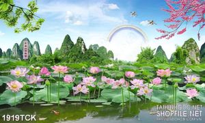 Tranh in 3d những bông sen hồng nở rộ trên mặt hồ